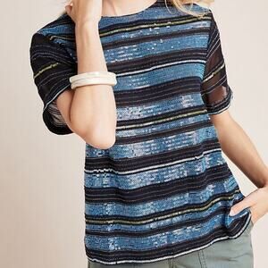 Anthropologie Maeve Cameron Blue & Black Sequin Striped Top